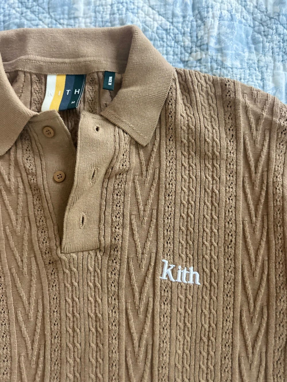Kith Camel-Tone Cable Knit Polo with White Logo Medium